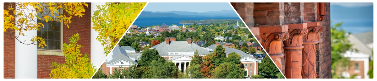 Collage of UVM campus including Waterman building and views of Burlington and Lake Champlain