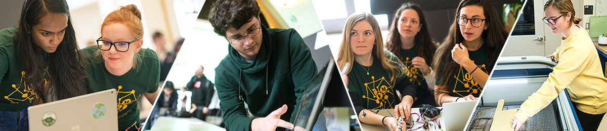 Left1: two young women working at computer; left2: young man at computer; left3: three young women working on electronics; left4: young woman at laser cutter