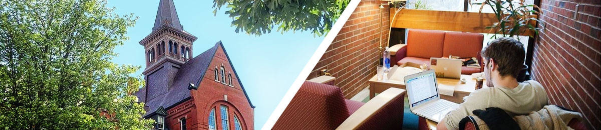 Old Mill on a sunny day and a student studying in Bailey Howe Library.