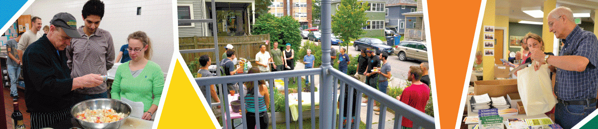 Program photo from a cooking class, neighborhood bock party, and preparing materials for our Welcome Bags