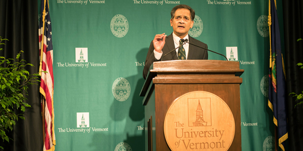 UVM President Suresh Garimella speaks at podium