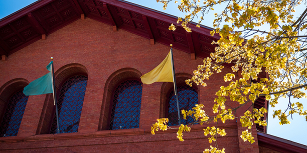 Green and gold flags fly on UVM's Royall Tyler Theater with blooming tree in foreground