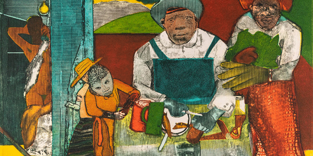 "The Family," color etching and aquatint on paper, by Romare Bearden.