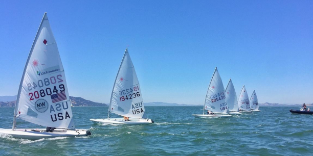 U.S. Sailing Team sailboats lined up in the San Francisco Bay.