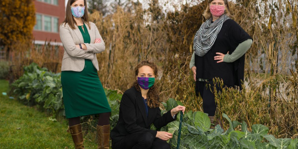 An image of UVM food security researchers Meredith Niles (left), Emily Belarmino (center), and Farryl Bertmann (right).