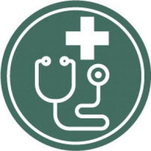 white stethoscope and medical cross on a green background