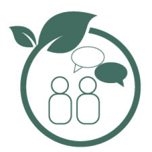 conversations that connect people and shared resources are imagined by an icon with two figures, speech bubbles and a circle with a leaf connecting them.