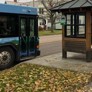 green mountain transit bus at a bus stop location.