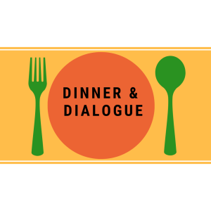 Orange circle dinner plate and green utensils on a yellow stripe.