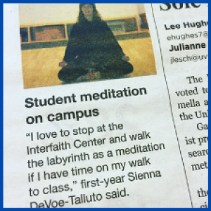 newspaper clipping quoting a student who walks the Interfaith Center labyrinth on their way to class.