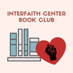 Light blue and white books on a shelf with a red heart and black fist inside it. 