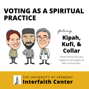 Program logo for "Voting as Spiritual Practice" which has a cartoon image of the three presenters, a rabbi, imam, and reverend.