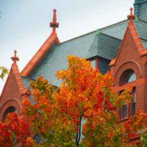 fall leaves in front of campus building