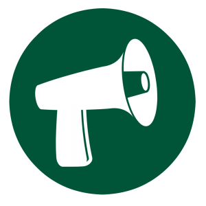 Green circle with white megaphone.