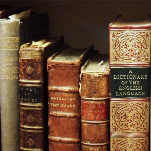 Several old books on a shelf