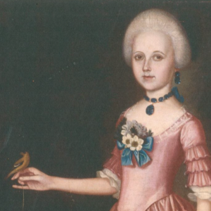 painting of a girl in colonial dress holding a bird on one outstretched hand
