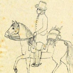 line drawing of Sellow on horseback with plant press, yellowed with age