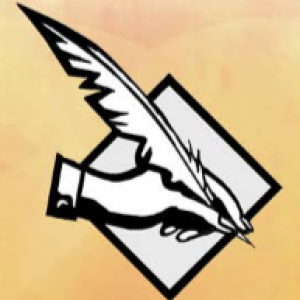 logo for the English Symposium, a black and white cartoon hand holding a quill overlaying a diamond