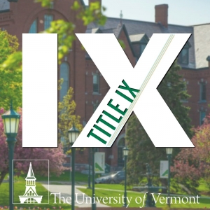 Trees blooming in front of brownstone building with Title IX logo.