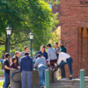 Students gathering outside Kalkin Hall