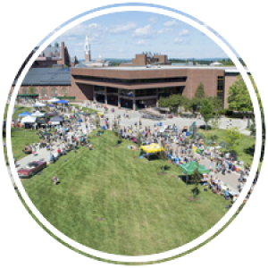 high-angle view of clubs tabling on the Davis Center green