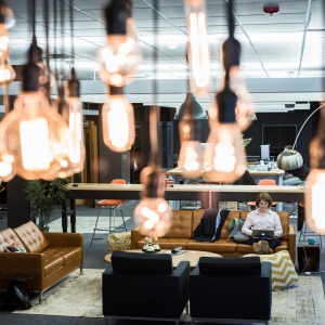 Light bulbs shining in library.