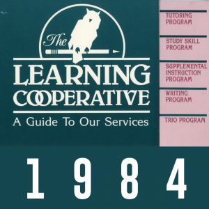 1984 brochure: Learning Cooperative: A Guide to Our Services with tabs for each service, including "Writing Program."
