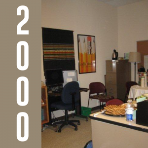 2000: New Writing Center room in Howe Library with wall hangings, desks, chairs, and tea hospitality