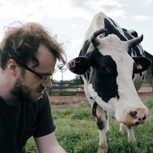 man next to a cow
