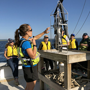 A woman shows a group of people in life vests how to run an instrument on a boat