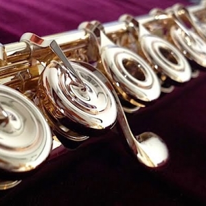 Close-up of the action on a silver flute