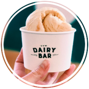 a hand holding up a cup of ice cream with the words 'uvm dairy bar' on it