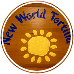 New World Tortilla new world tortilla's logo on a wood engraved wall