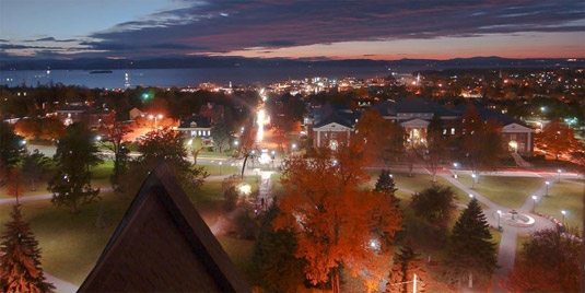 Campus over looking Lake Champlain in the evening