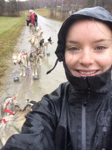 Student selfie with dog sled team in background 