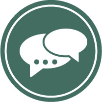 Icon with two white speech bubbles on a dark green background