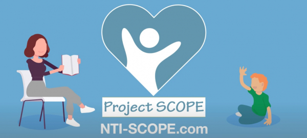 Project SCOPE logo: a cartoon showing a woman sitting in a chair on one side of the image, holding out a book. On the other side of the image a small child sits on the floor, arms raised happily. In the middle, the Project SCOPE logo: a child inside a heart.
