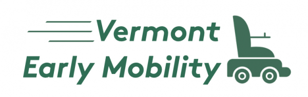Vermont Early Mobility logo: an icon of a wheelchair with speed lines streaming out behind it.
