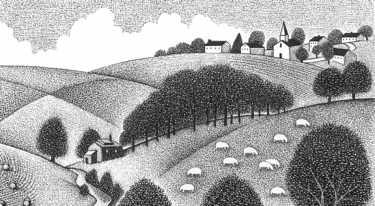 black and white image of village, grazing animals, stream