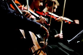 Close up of the orchestra string section