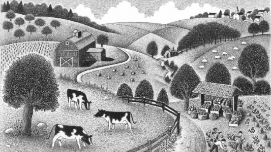 Woodcut of a farm with people gathering produce and cows grazing