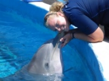 Student getting kissed by a dolphin