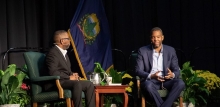 Professor Major Jackson (left) interviewing author Ta Nehisi Coates (right)