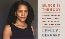 left: Professor Emily Bernard, shoulder length curly dark hair, right: cover of Black is the Body by Emily Bernard