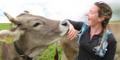 image description: a young woman smiling and leaning with an arm towards a brown horned cow
