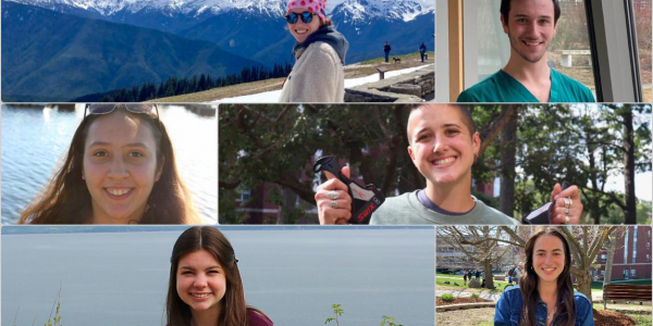 Six graduating students with various scenic backgrounds