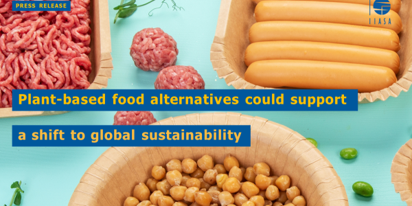 Food on teal background, text reads "News Release, Plant-based food alternatives could support a shift to global sustainability." Logo for the International Institute for Applied Systems Analysis (IIASA) in top right corner.