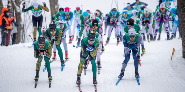 A group of Nordic skiers start a race