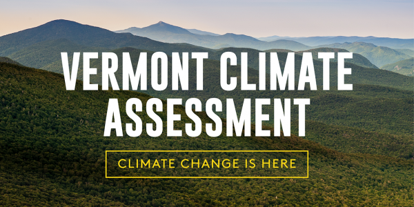 Text reading "Vermont Climate Assessment" over photo of green mountains