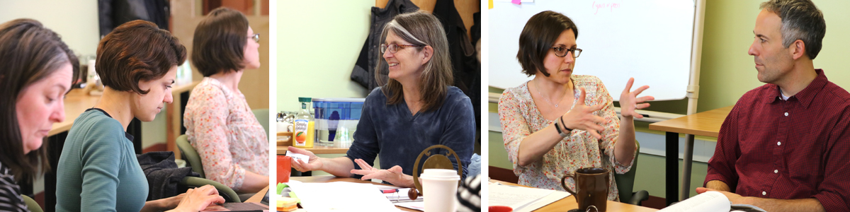left image: two women look down at their laptops while another looks up during a workshop, center image: Director Susanmarie Harrington smiles and holds a slide presenter, right image: a seated woman holds at her hands during a discussion with a man